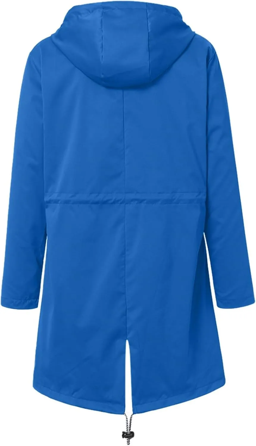 2024 Womens Rain Jacket with Hood Lightweight Trench Coat Long Sleeve Windbreaker Zip Up Drawstring Raincoat With Pockets