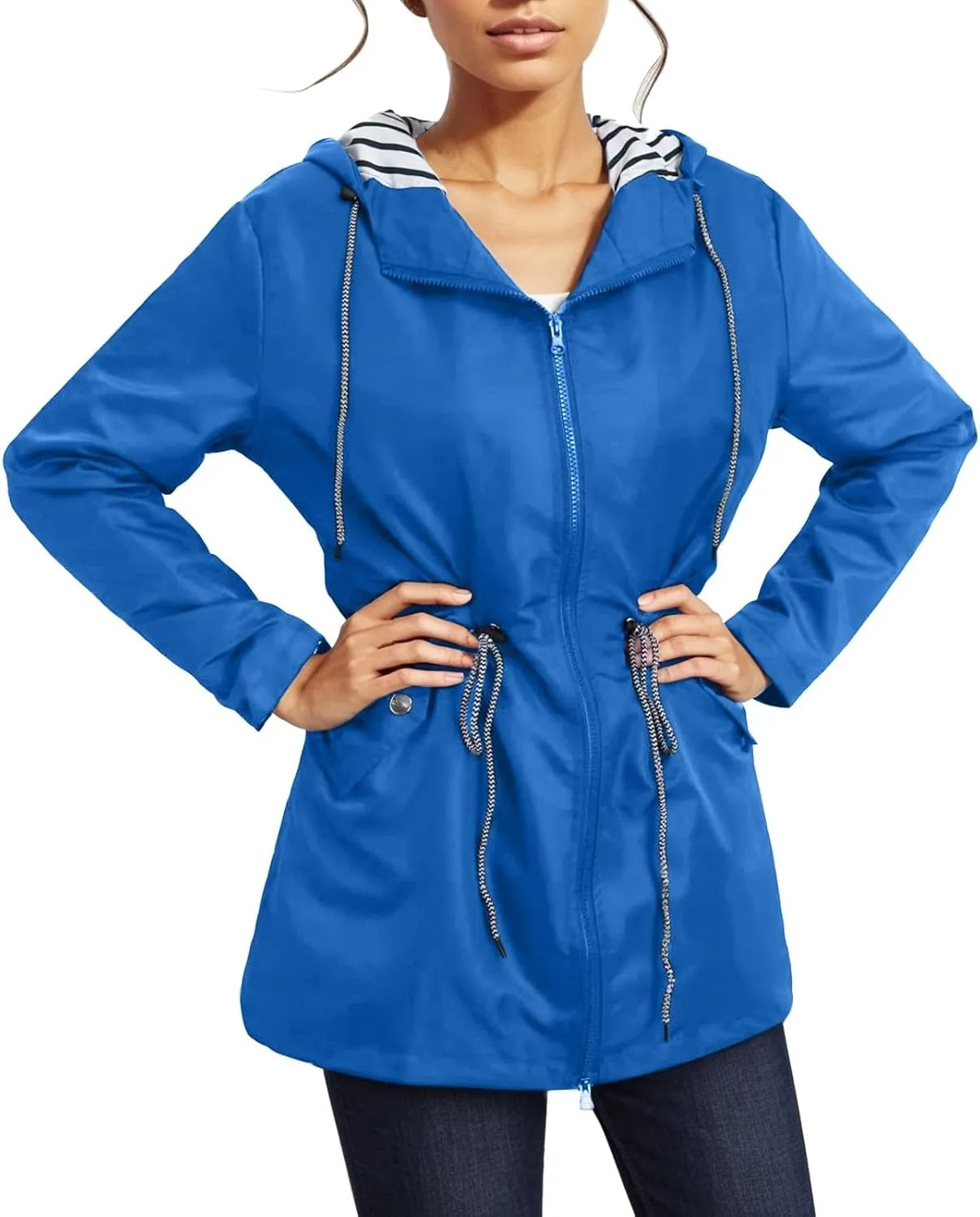 2024 Womens Rain Jacket with Hood Lightweight Trench Coat Long Sleeve Windbreaker Zip Up Drawstring Raincoat With Pockets
