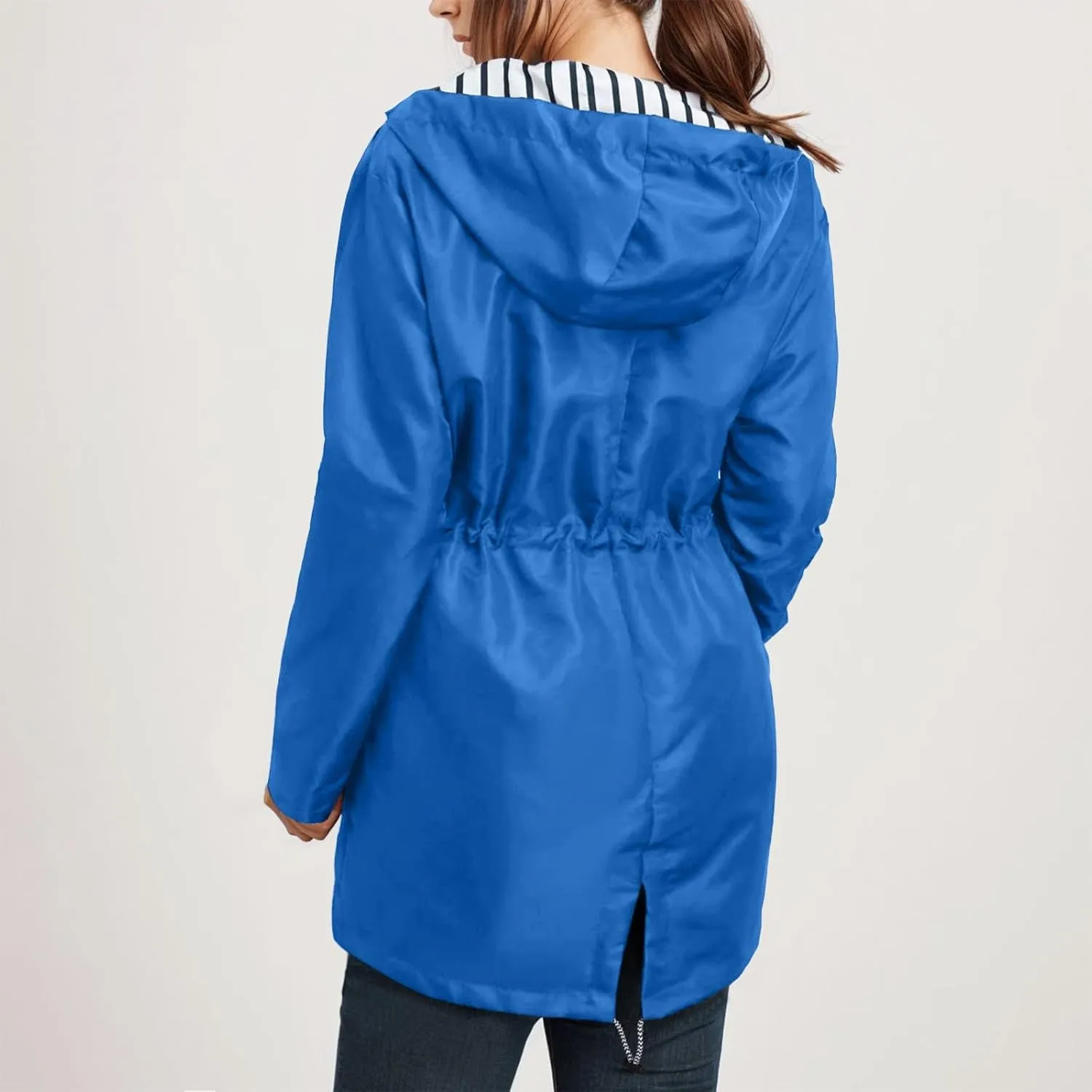 2024 Womens Rain Jacket with Hood Lightweight Trench Coat Long Sleeve Windbreaker Zip Up Drawstring Raincoat With Pockets