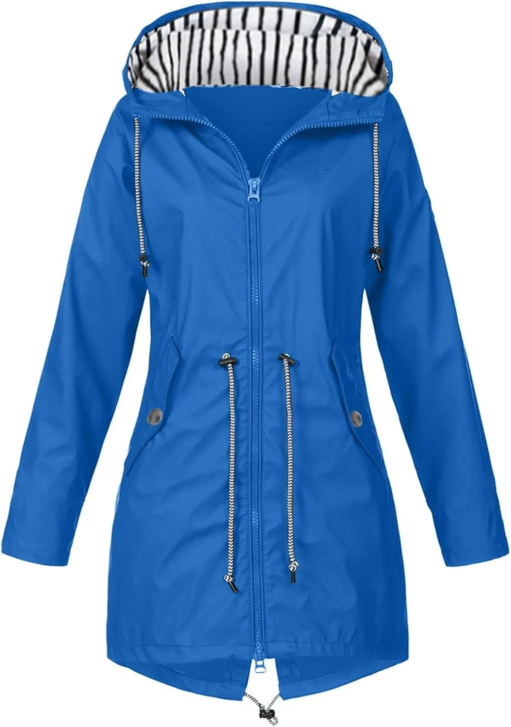 2024 Womens Rain Jacket with Hood Lightweight Trench Coat Long Sleeve Windbreaker Zip Up Drawstring Raincoat With Pockets