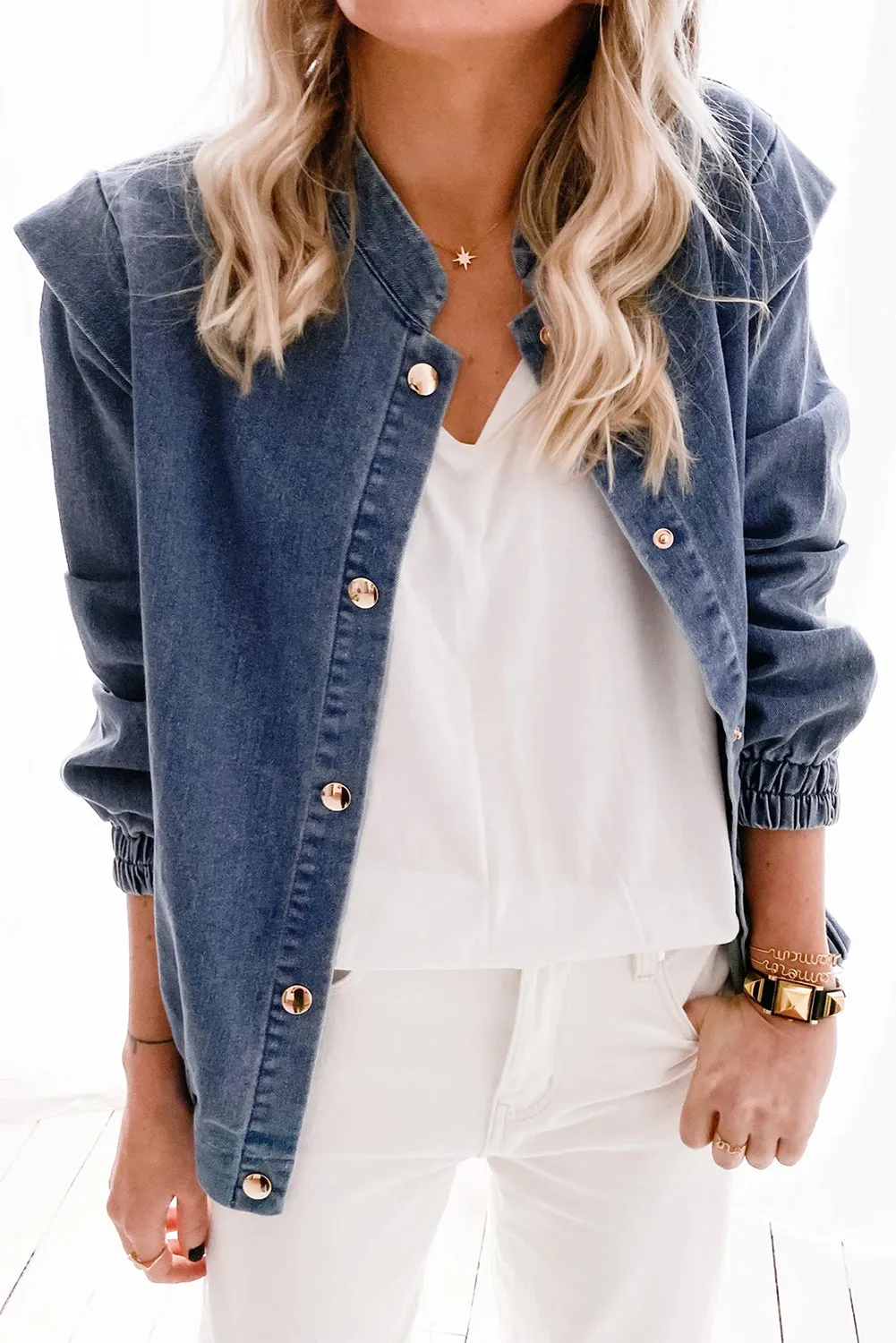 Blue Solid Color Elastic Cuffs Buttoned Denim Jacket