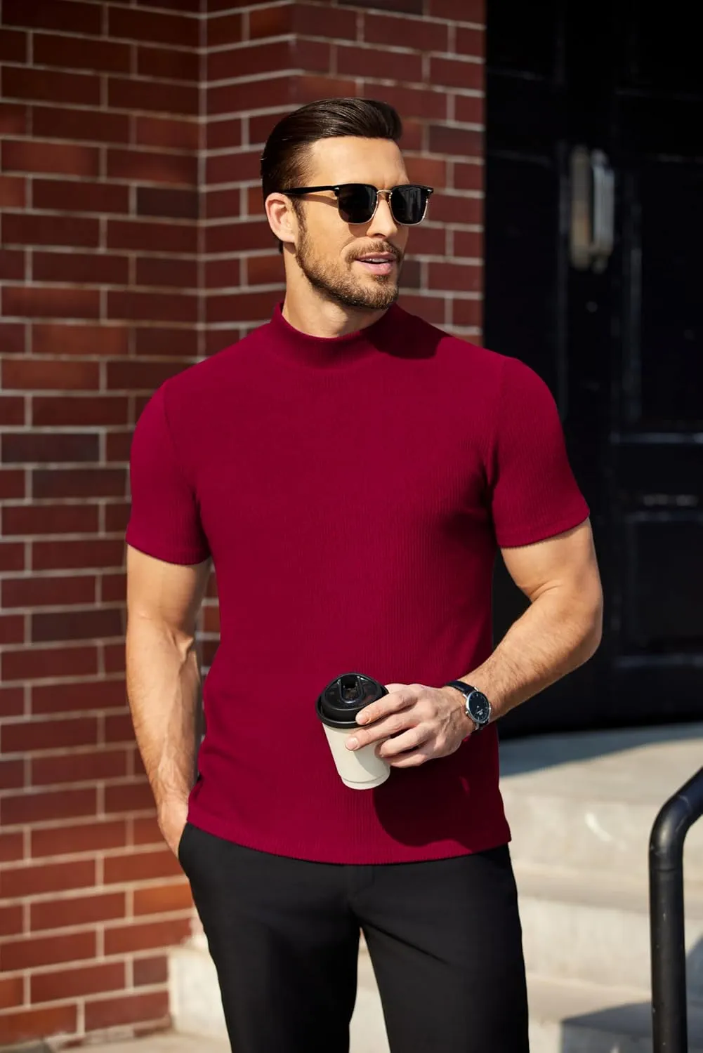COOFANDY Mens Mock Turtleneck Sweater Short Sleeve Turtle Neck Sweaters Casual Ribbed Knited Pullover Tops Solid Basic Tee