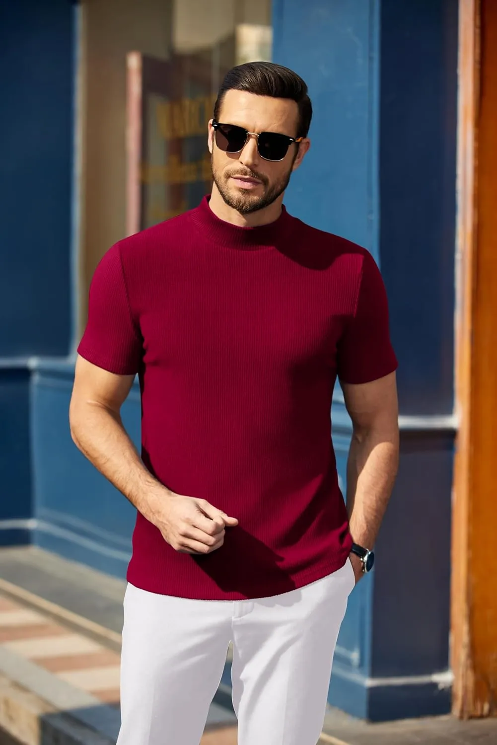 COOFANDY Mens Mock Turtleneck Sweater Short Sleeve Turtle Neck Sweaters Casual Ribbed Knited Pullover Tops Solid Basic Tee