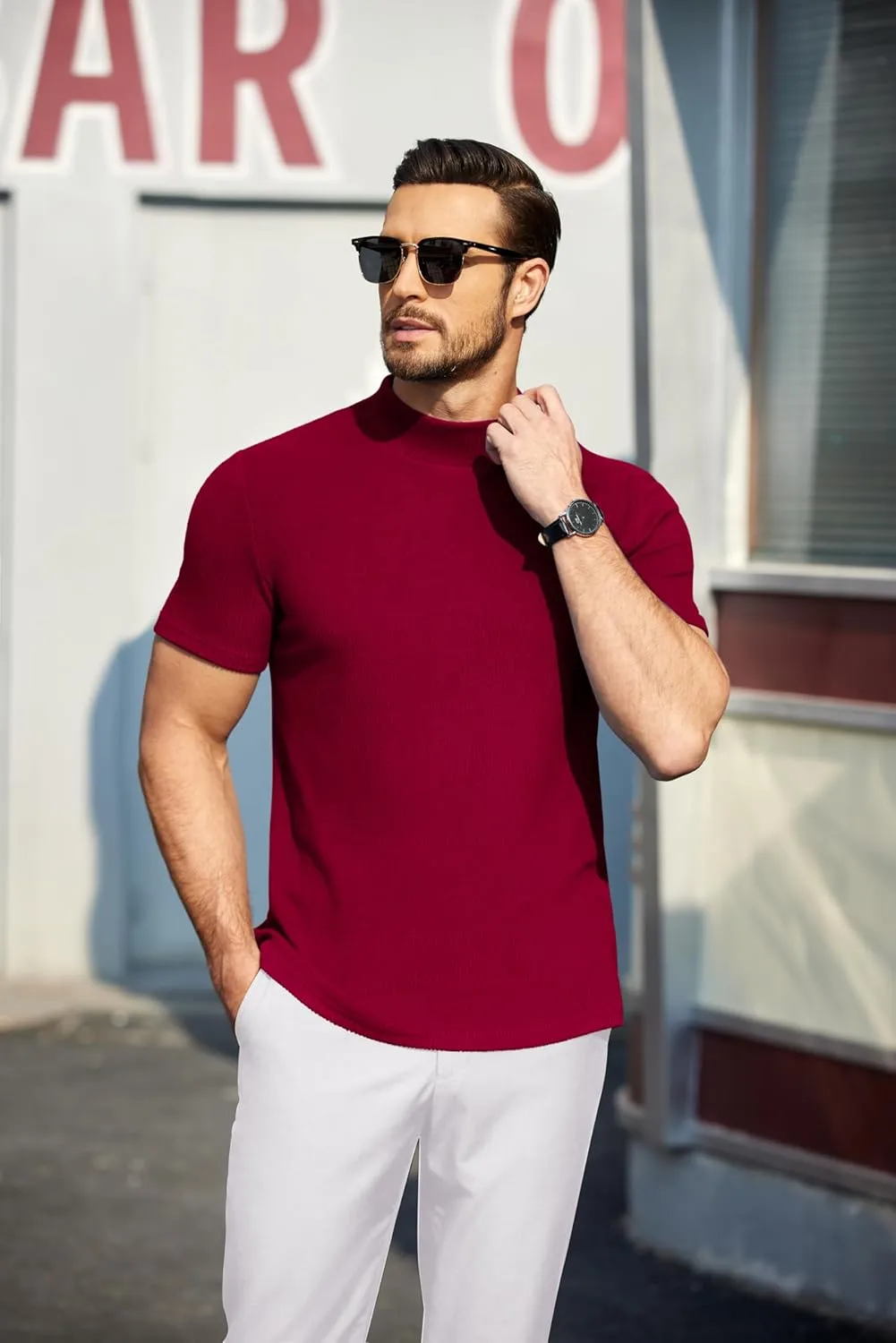 COOFANDY Mens Mock Turtleneck Sweater Short Sleeve Turtle Neck Sweaters Casual Ribbed Knited Pullover Tops Solid Basic Tee