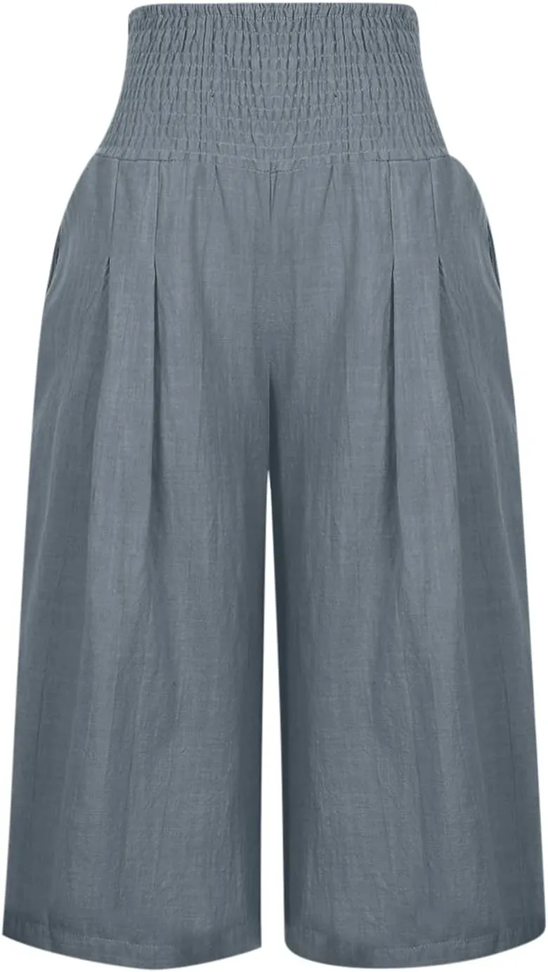 Cotton Linen Capris Pants for Women Casual Summer Loose Wide Leg Pant High Waist Straight Cropped Trousers