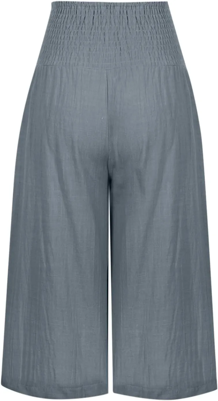 Cotton Linen Capris Pants for Women Casual Summer Loose Wide Leg Pant High Waist Straight Cropped Trousers