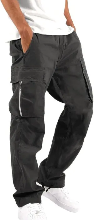 CRNTCEM Straight Cargo Pants for Men Outdoor Hiking Work Pants Elastic Waist Athletic Workout Chinos Casual Pants