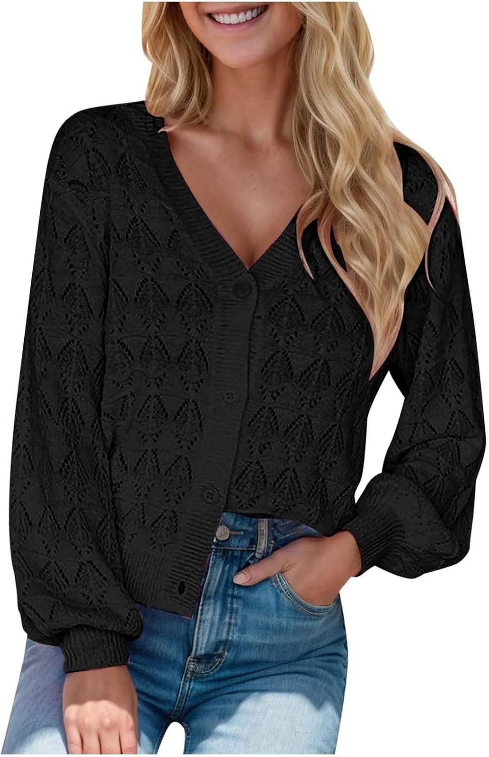 iLH Women's Lightweight Crochet 2024 Cardigan V Neck Long Sleeve Cropped Cardigans Button Up Long Sleeve Cardigan Coat