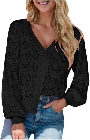 iLH Women's Lightweight Crochet 2024 Cardigan V Neck Long Sleeve Cropped Cardigans Button Up Long Sleeve Cardigan Coat