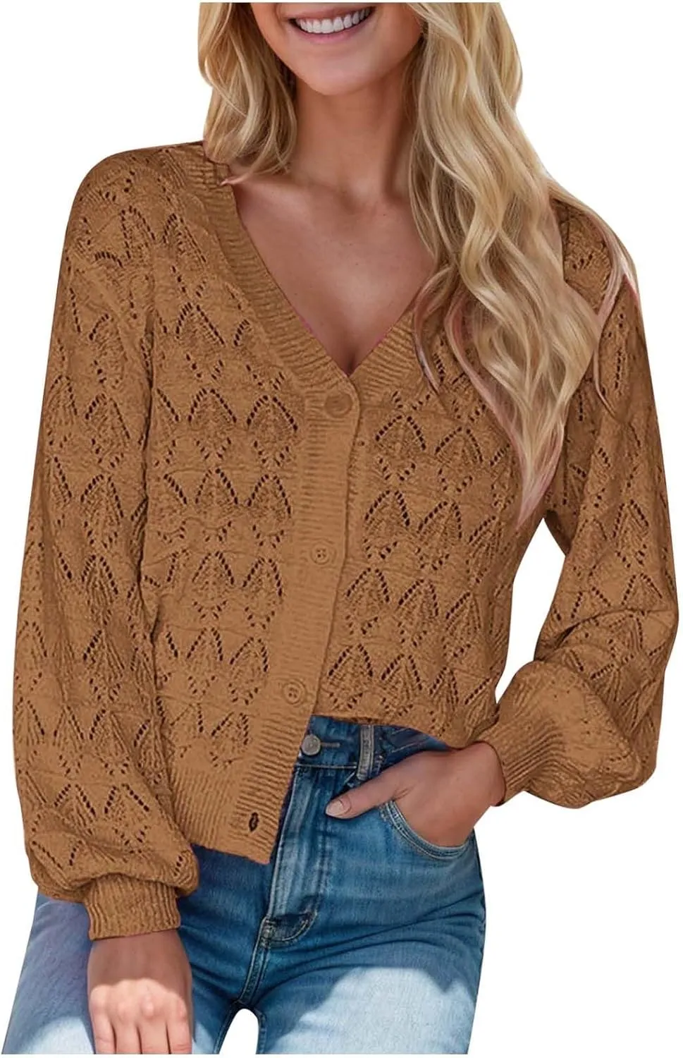 iLH Women's Lightweight Crochet 2024 Cardigan V Neck Long Sleeve Cropped Cardigans Button Up Long Sleeve Cardigan Coat