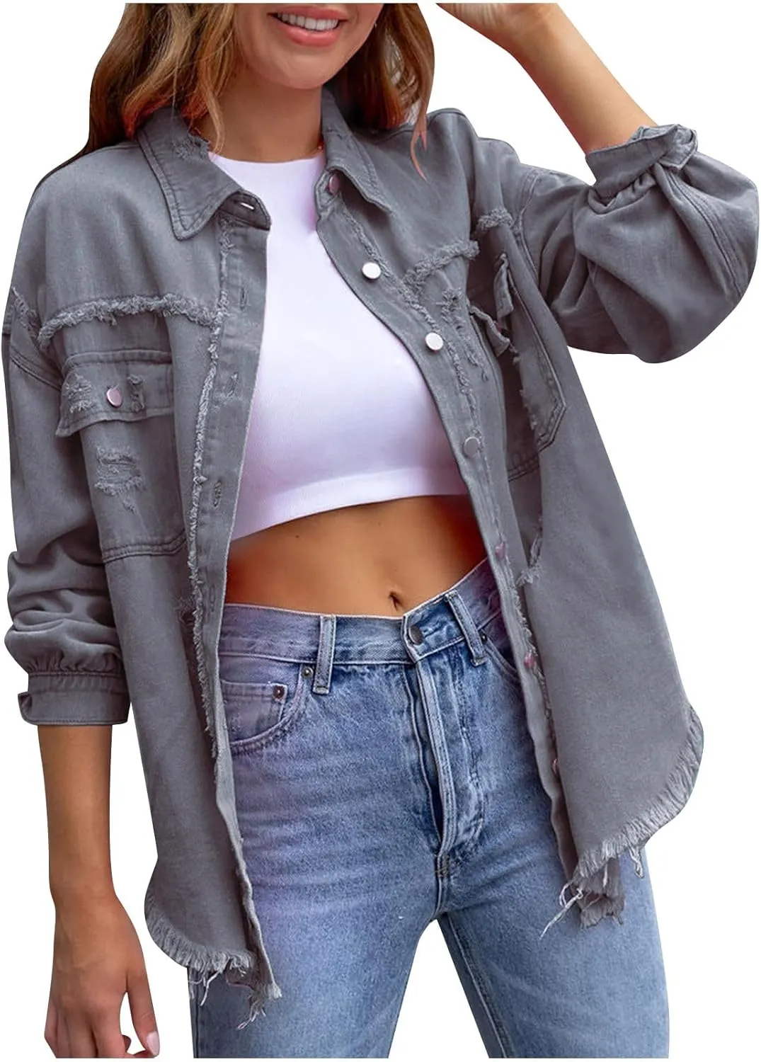 Jean Jackets for Women 2024 Trendy Classic Lapel Button Down Frayed Hem Shacket Long Sleeve Distresse Trucker Coats