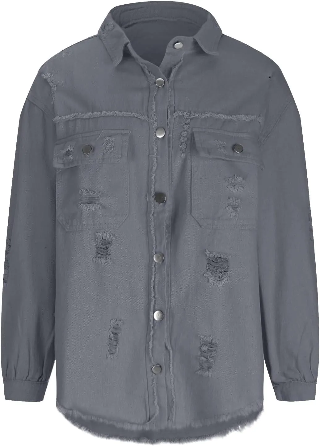 Jean Jackets for Women 2024 Trendy Classic Lapel Button Down Frayed Hem Shacket Long Sleeve Distresse Trucker Coats