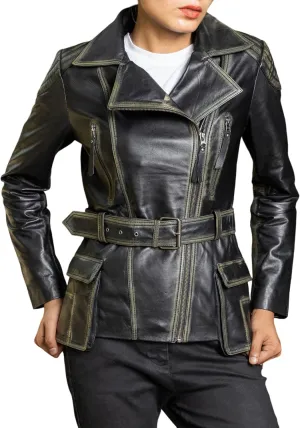 Jild Tailored Stitched Lambskin Leather Jacket Women - Coat Design Lapel Collar Belted Style Motorcycle Jacket Women