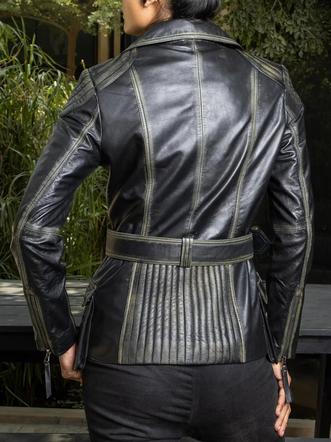 Jild Tailored Stitched Lambskin Leather Jacket Women - Coat Design Lapel Collar Belted Style Motorcycle Jacket Women