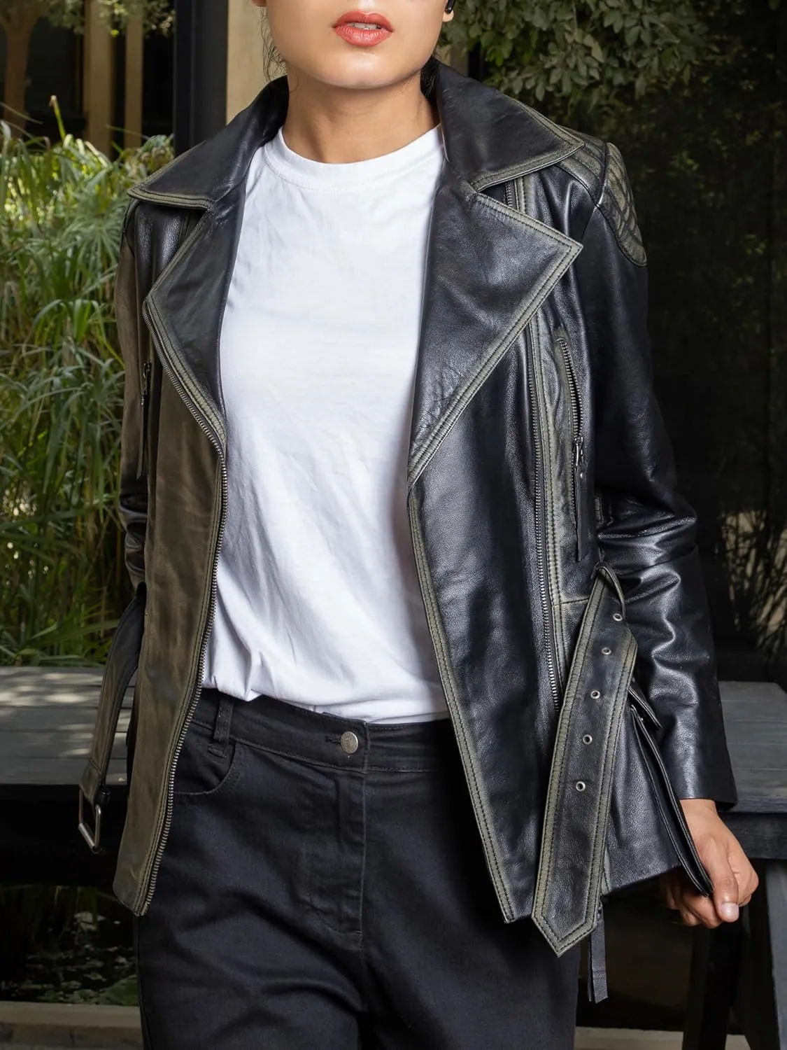 Jild Tailored Stitched Lambskin Leather Jacket Women - Coat Design Lapel Collar Belted Style Motorcycle Jacket Women
