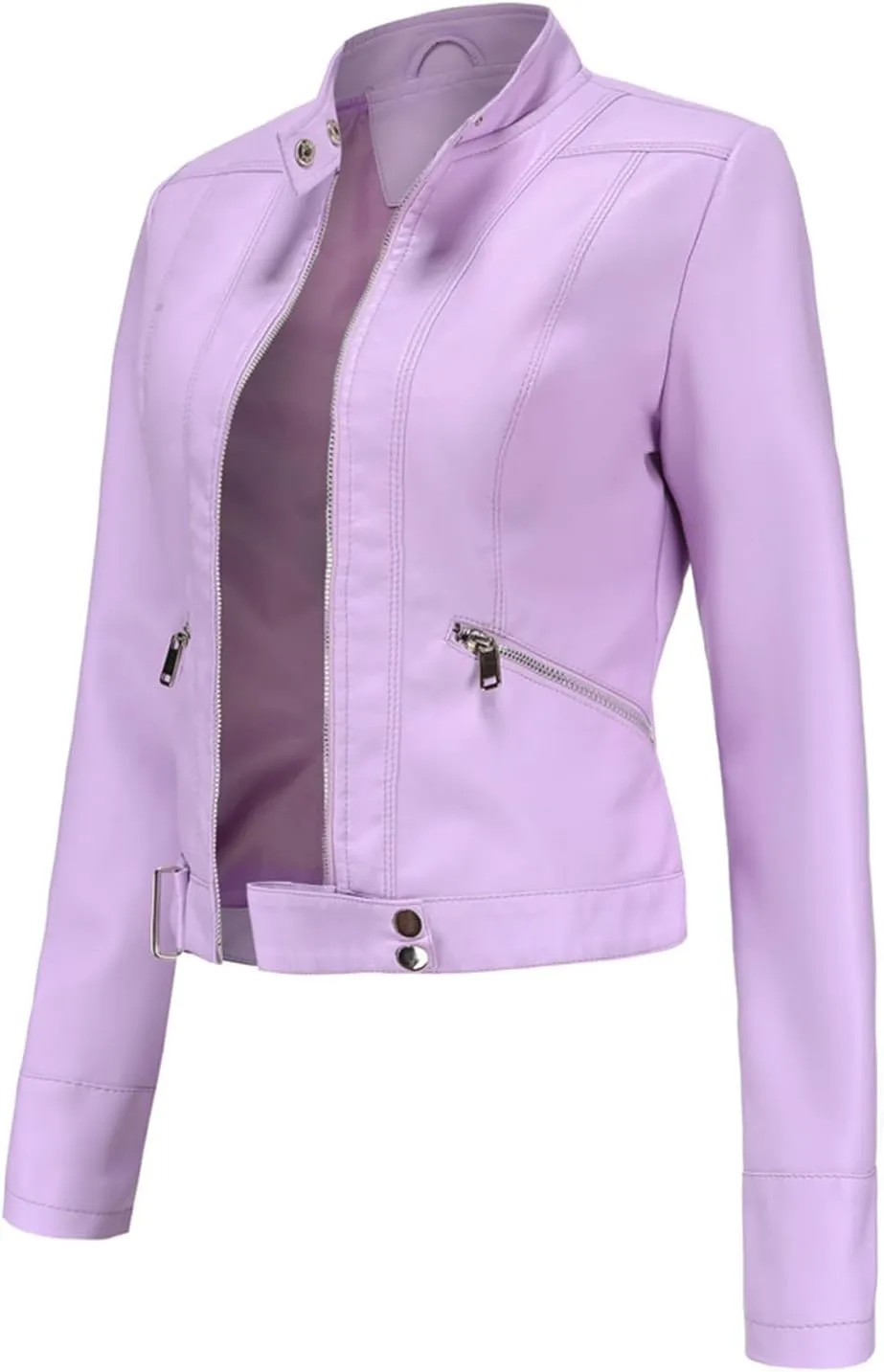 Leather Jackets for Women Zip Up Moto Biker Jackets Faux Leather Comfy Long Sleeve Stand Collar Coat with Zip Pockets