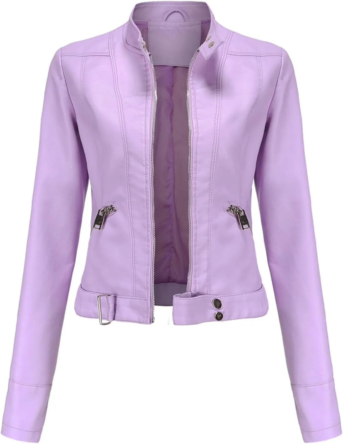 Leather Jackets for Women Zip Up Moto Biker Jackets Faux Leather Comfy Long Sleeve Stand Collar Coat with Zip Pockets