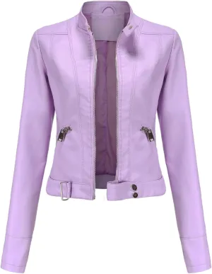 Leather Jackets for Women Zip Up Moto Biker Jackets Faux Leather Comfy Long Sleeve Stand Collar Coat with Zip Pockets