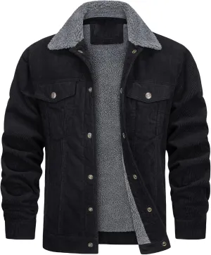 Men's Corduroy Sherpa Lined Trucker Jacket Turn-Down Collar Warm Winter Jacket Casual Coat for Men Multi Pockets
