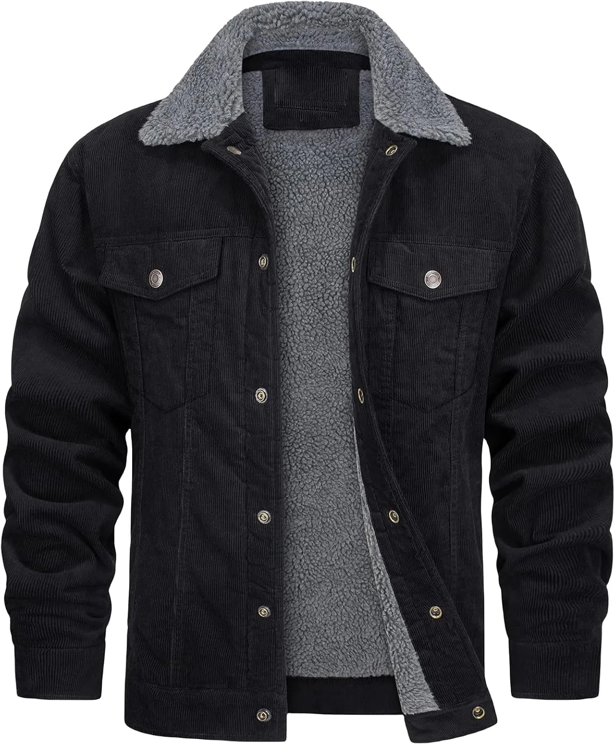 Men's Corduroy Sherpa Lined Trucker Jacket Turn-Down Collar Warm Winter Jacket Casual Coat for Men Multi Pockets