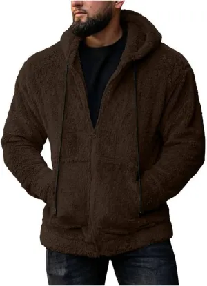 Mens Fuzzy Sherpa Zip Up Hoodie Jacket Fluffy Fleece Open Front Cardigan Long Sleeve Hooded Sweatshirt Outwear Coat