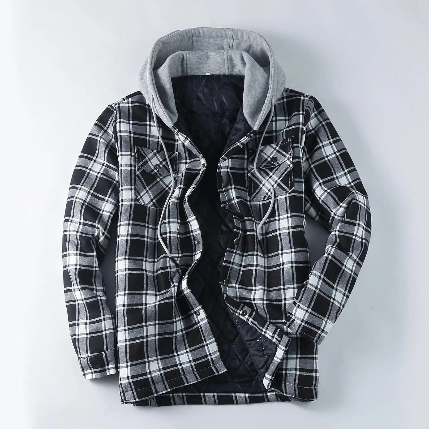 Men's Hooded Shirt Jacket Sherpa Lined Full Zip Plaid Shirt Jackets Flannel Quilted Long Sleeve Winter Warm Cotton Coat