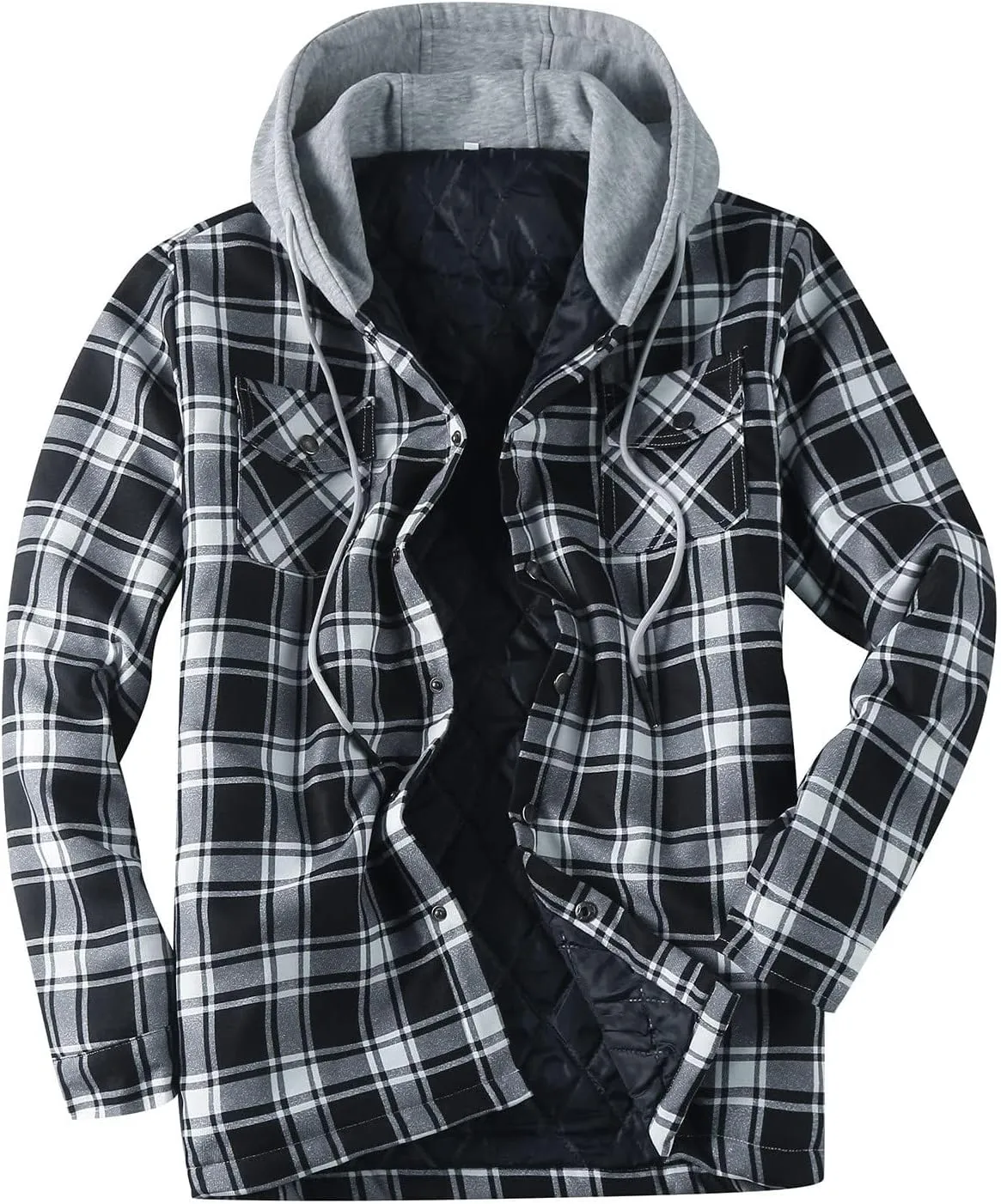 Men's Hooded Shirt Jacket Sherpa Lined Full Zip Plaid Shirt Jackets Flannel Quilted Long Sleeve Winter Warm Cotton Coat