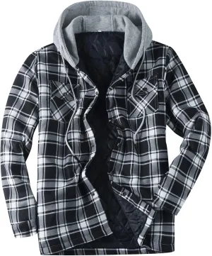 Men's Hooded Shirt Jacket Sherpa Lined Full Zip Plaid Shirt Jackets Flannel Quilted Long Sleeve Winter Warm Cotton Coat