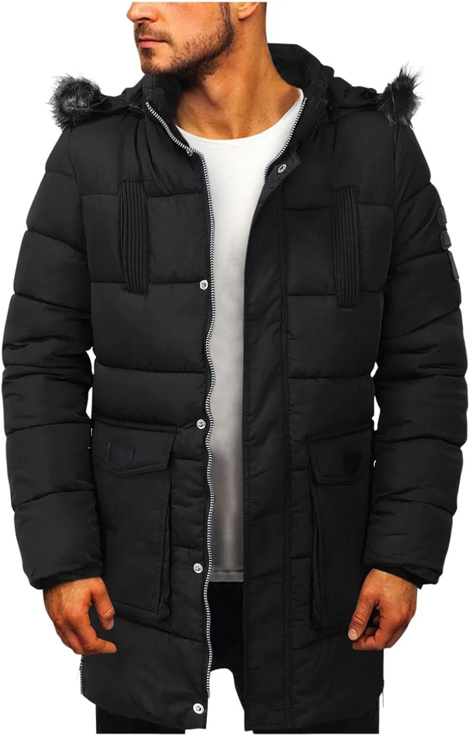 Mens Warm Thicken Parka Jackets Zip Up Puffer Down Coats Cotton Mid Long Winter Windbreakers with Detachable Hood