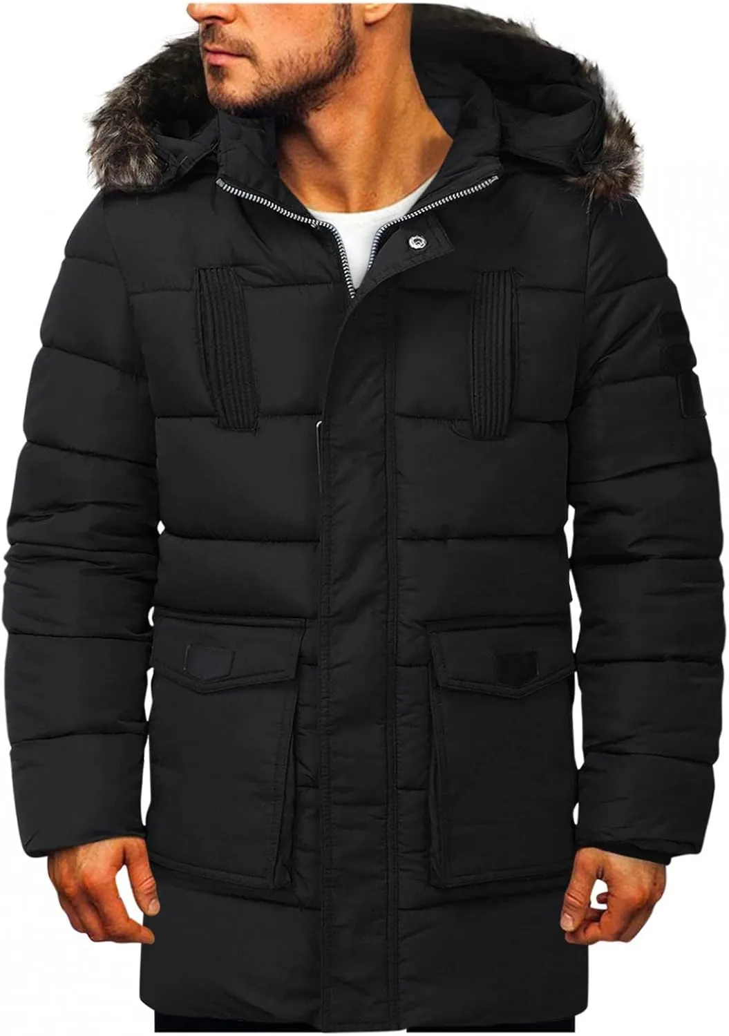 Mens Warm Thicken Parka Jackets Zip Up Puffer Down Coats Cotton Mid Long Winter Windbreakers with Detachable Hood