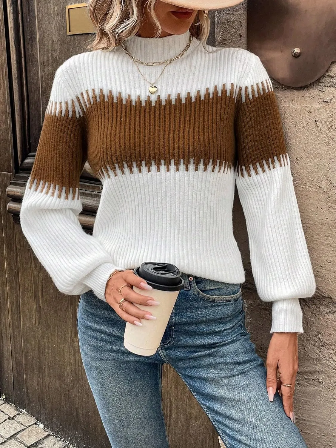 SweatyRocks Women's Lantern Sleeves Knitted Sweater Mock Neck Color Block Patchwork Casual Pullovers