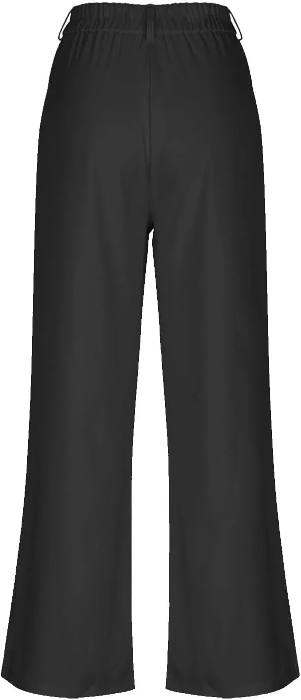 Teen Girls Dress Pants Pull On Relaxed Fit Trousers Straight Leg High Waisted Loose Fit Solid Color Pants with Pockets