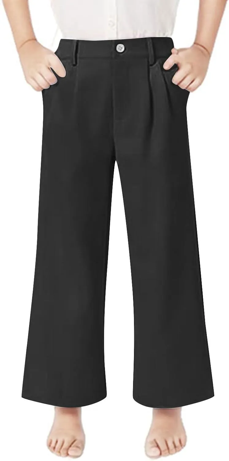 Teen Girls Dress Pants Pull On Relaxed Fit Trousers Straight Leg High Waisted Loose Fit Solid Color Pants with Pockets