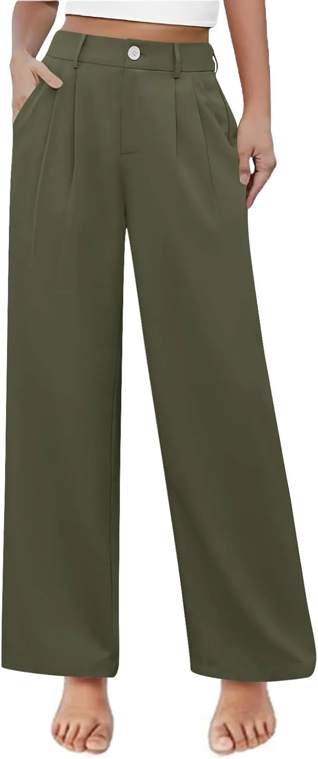 Teen Girls Dress Pants Pull On Relaxed Fit Trousers Straight Leg High Waisted Loose Fit Solid Color Pants with Pockets