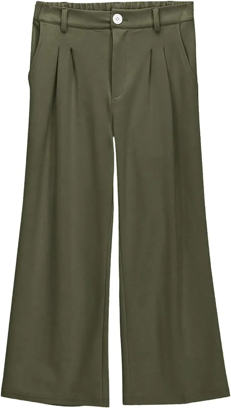 Teen Girls Dress Pants Pull On Relaxed Fit Trousers Straight Leg High Waisted Loose Fit Solid Color Pants with Pockets