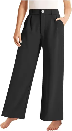Teen Girls Dress Pants Pull On Relaxed Fit Trousers Straight Leg High Waisted Loose Fit Solid Color Pants with Pockets