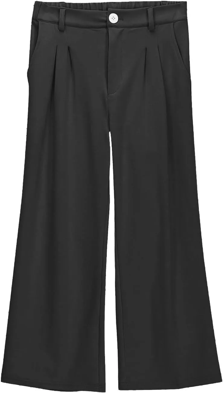 Teen Girls Dress Pants Pull On Relaxed Fit Trousers Straight Leg High Waisted Loose Fit Solid Color Pants with Pockets