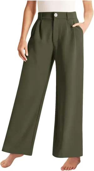 Teen Girls Dress Pants Pull On Relaxed Fit Trousers Straight Leg High Waisted Loose Fit Solid Color Pants with Pockets