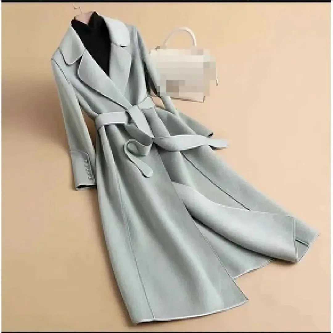 Vsadsau Women's Autumn And Winter Wool Blended Coat Double Breasted Long Solid Color Jacket