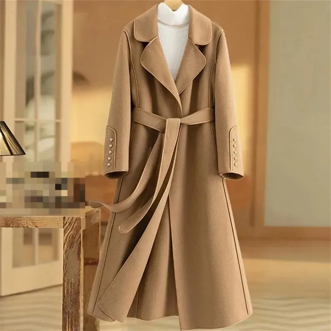 Vsadsau Women's Autumn And Winter Wool Blended Coat Double Breasted Long Solid Color Jacket