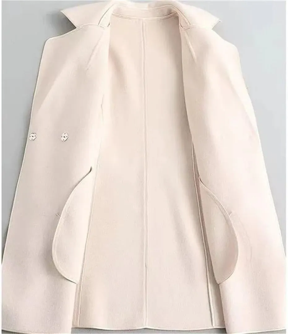 Vsadsau Women's Autumn And Winter Wool Blended Coat Double Breasted Long Solid Color Jacket