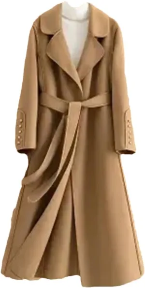 Vsadsau Women's Autumn And Winter Wool Blended Coat Double Breasted Long Solid Color Jacket