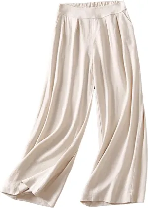 Wide Leg Lounge Pants for Women 2024 Cotton Linen Stretch Pleated High Waist Straight Baggy Pant Plus Size Ankle Pant