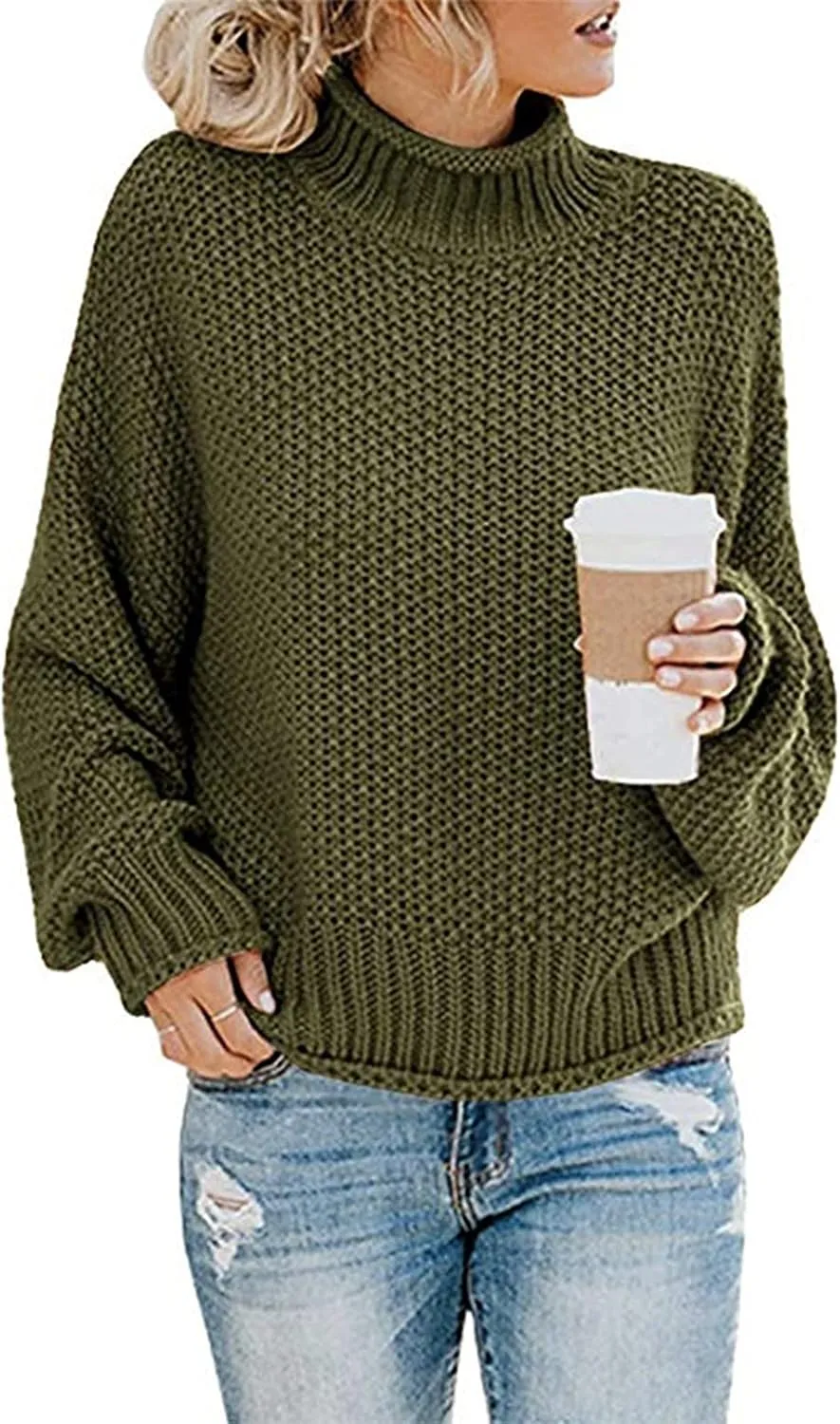 Women Mock Neck Long Batwing Sleeve Sweaters Trending 2023 Fall Winter Clothes Chunky Cable Knit Pullover