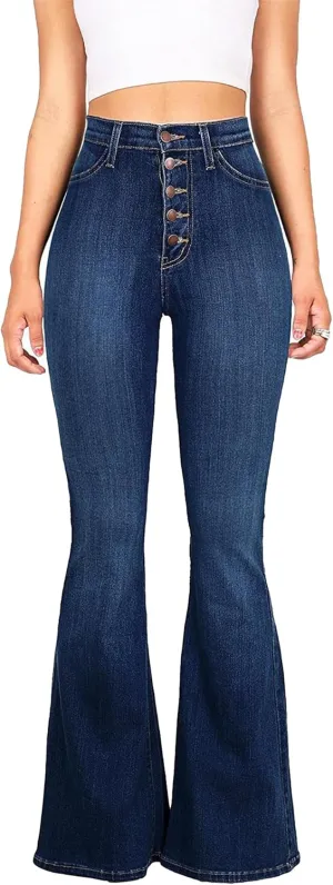 Women's Denim Stretch Thin Flared Mid Waist Pull-On Bootcut Slim Flare Jean Button Up Bell Bottom Stretch Classic