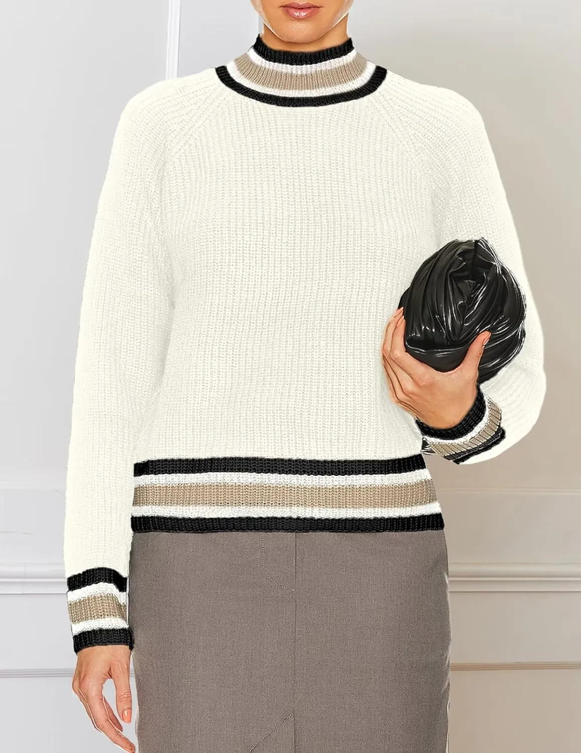 Womens Fall Ribbed Knit Cropped Mock Neck Color Block Trim Long Sleeve Pullover Sweater 2024