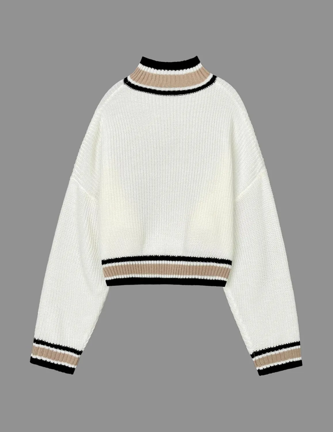 Womens Fall Ribbed Knit Cropped Mock Neck Color Block Trim Long Sleeve Pullover Sweater 2024