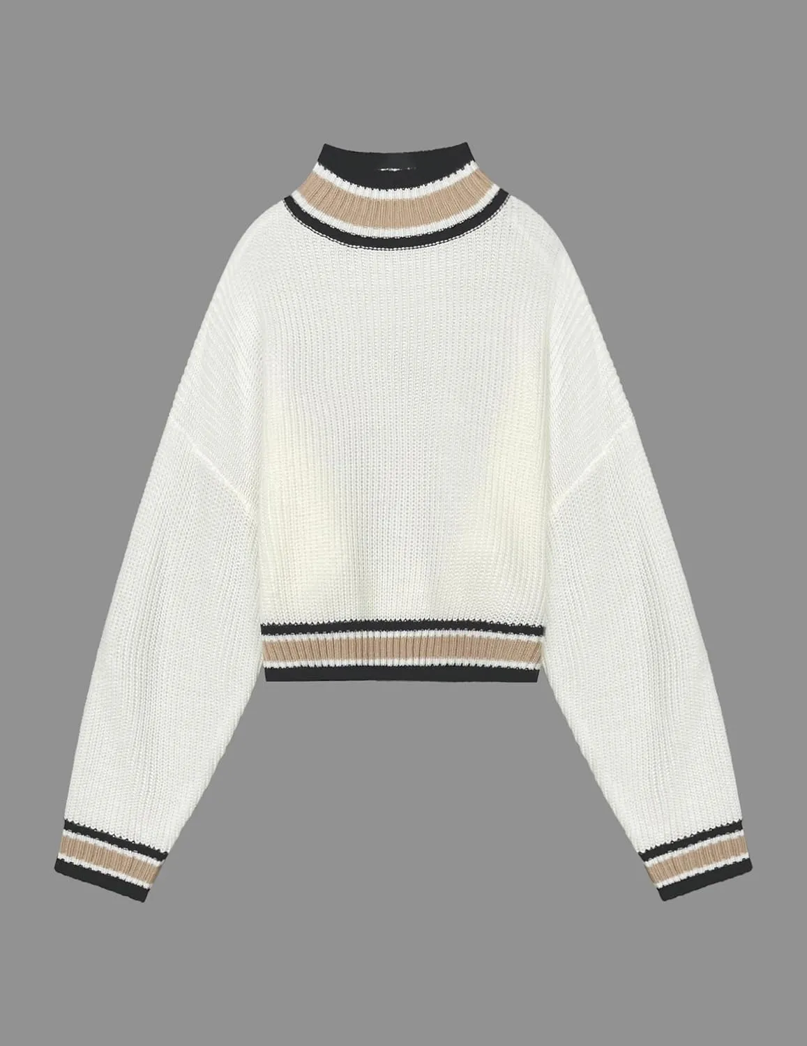 Womens Fall Ribbed Knit Cropped Mock Neck Color Block Trim Long Sleeve Pullover Sweater 2024