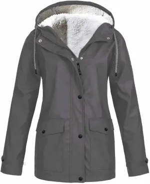 Women's Fleece Windbreakers Hooded Waterproof Warm Parka Trench Coats Plus Size Zip Up Button Outdoor Winter Jacket