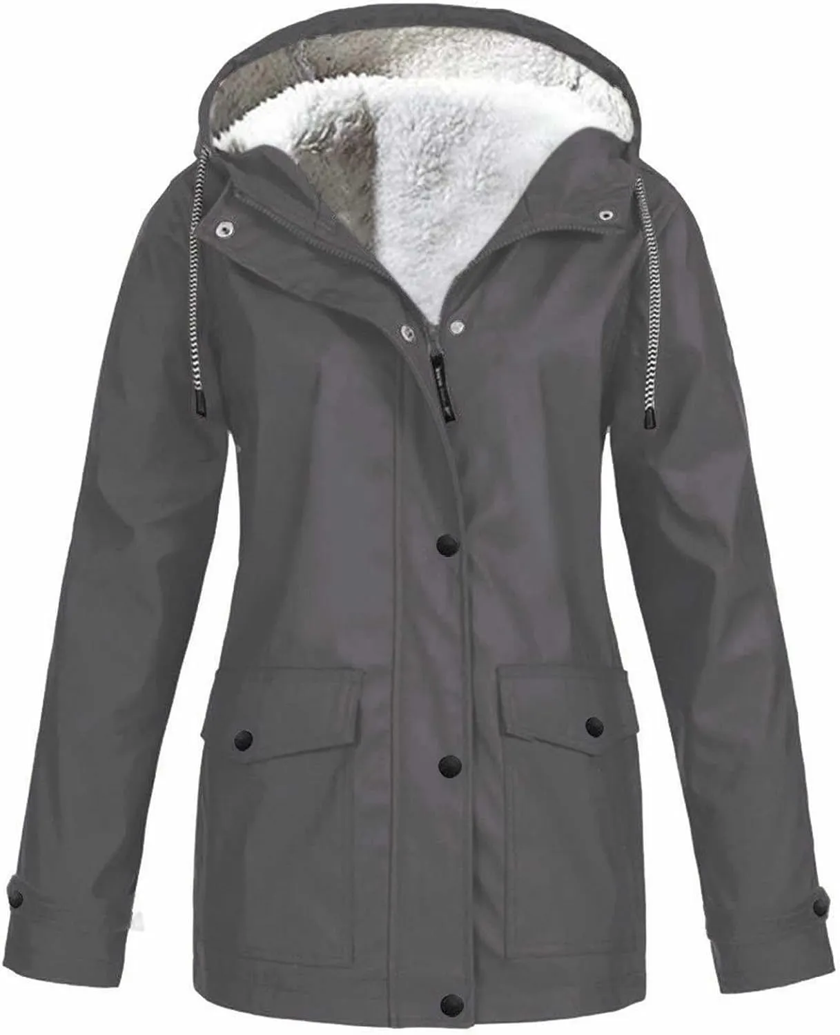 Women's Fleece Windbreakers Hooded Waterproof Warm Parka Trench Coats Plus Size Zip Up Button Outdoor Winter Jacket